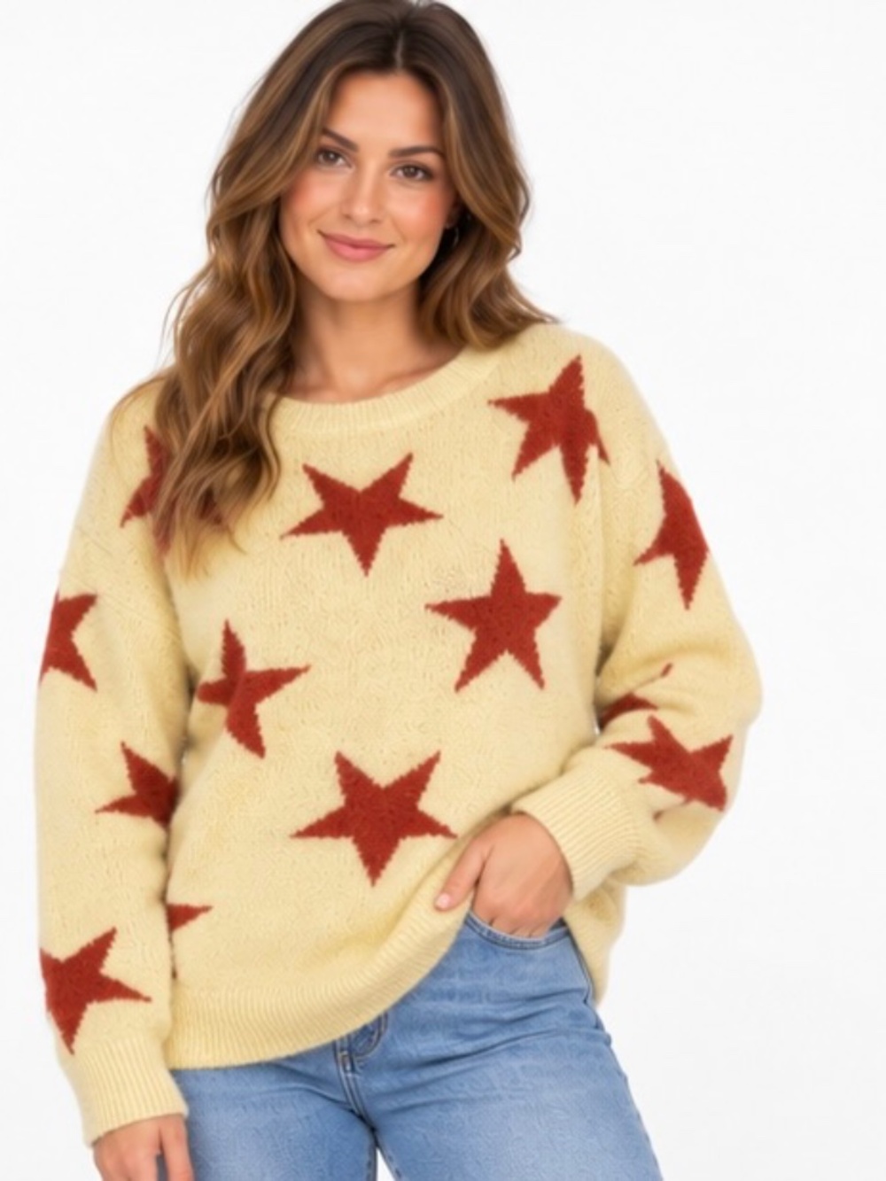 & Merci Women's Medium Star Sweater Yellow Red Oversized Knit Western Boho